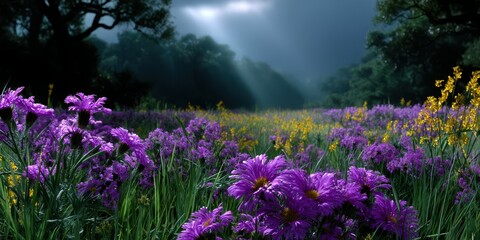 Colorful wildflowers bloom in a serene meadow under a dramatic cloudy sky with sunlight breaking through