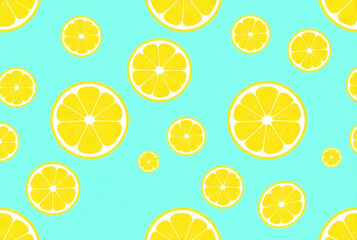 Lemon slices forming a vibrant and refreshing seamless pattern on turquoise background