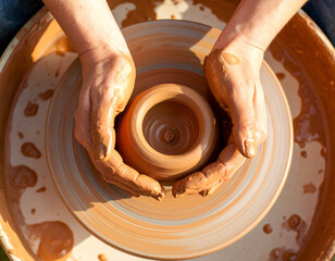Fototapeta premium Hands Shaping Clay Pot on Spinning Wheel – Realistic Image of Traditional Pottery Making Process in Artisan Workshop with Natural Lighting, Craftsmanship and Cultural Handmade Ceramic Art