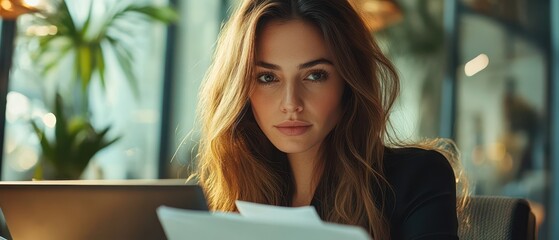 Professional businesswoman reviewing documents at desk with laptop in modern office space. Reflects focus, productivity, and confidence in corporate setting. Concept of work and strategy