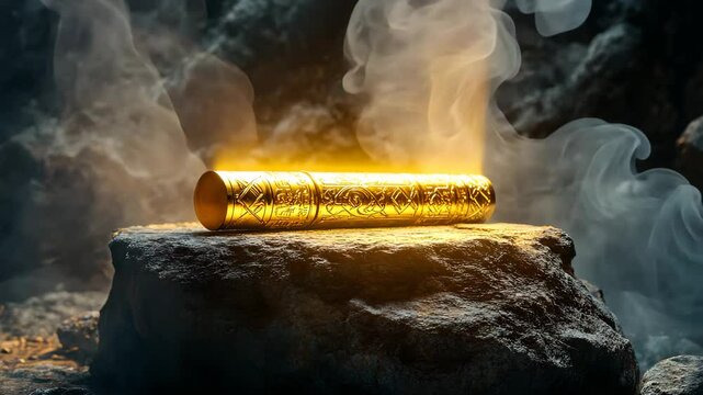 Mystical Glowing Golden Relic on Smoky Stone