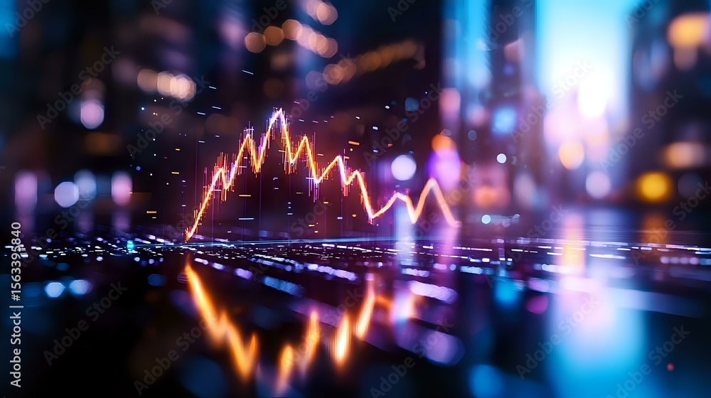 Aufkleber glowing financial chart line graph with neon reflection on wet surface against blurred city lights b
