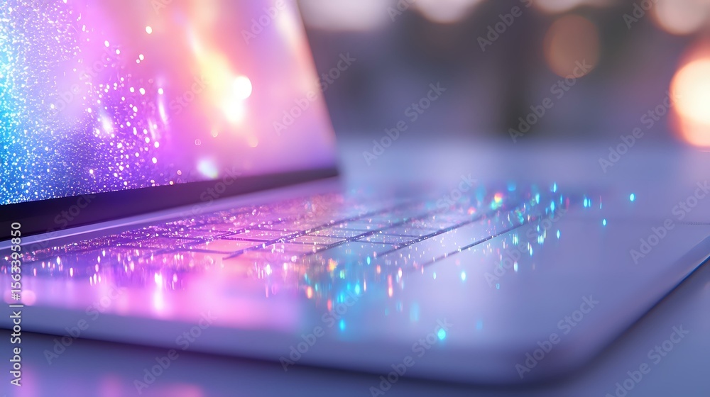 Aufkleber illuminated laptop keyboard with vibrant purple and pink bokeh lights creating magical atmosphere. c