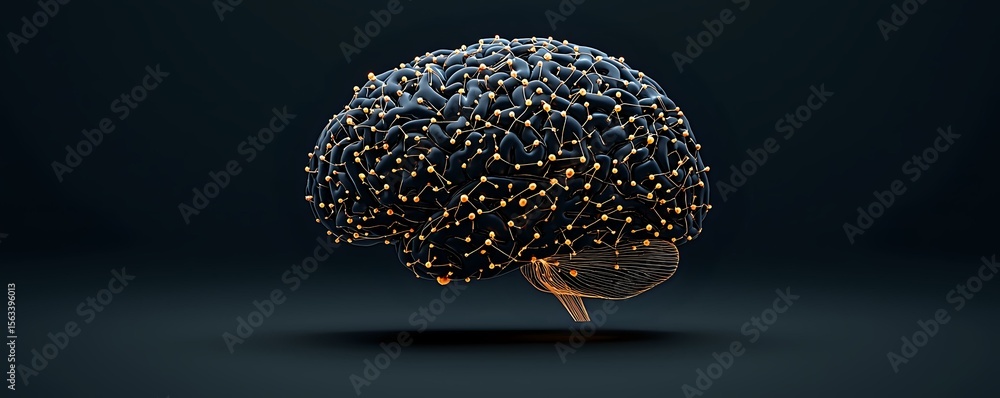 Poster glowing neural network in shape of human brain with interconnected nodes and golden light points flo
