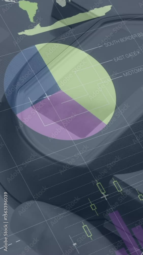 Poster animation of graphs and financial data over hand of caucasian man holding payment terminal