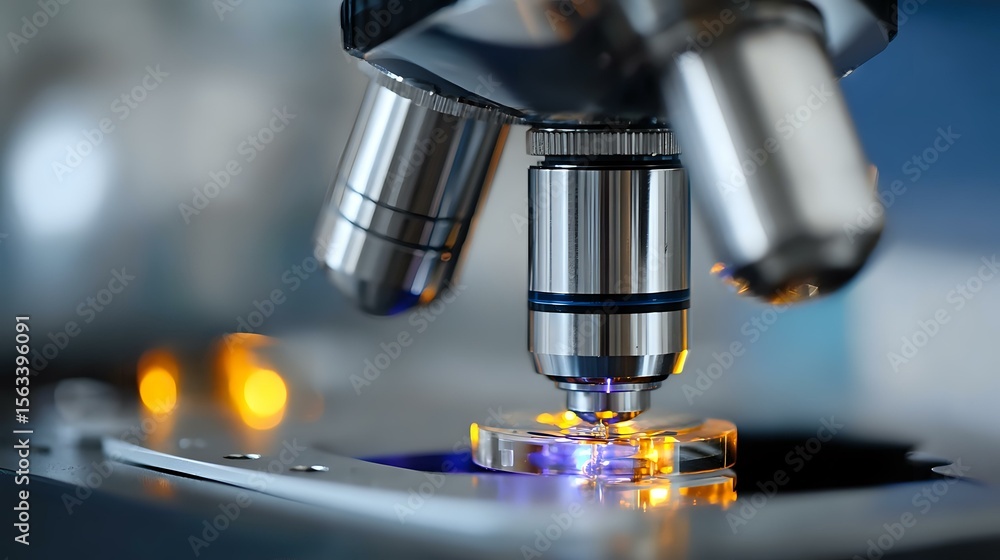 Poster close up view of microscope lenses examining illuminated specimen on glass slide in laboratory setti