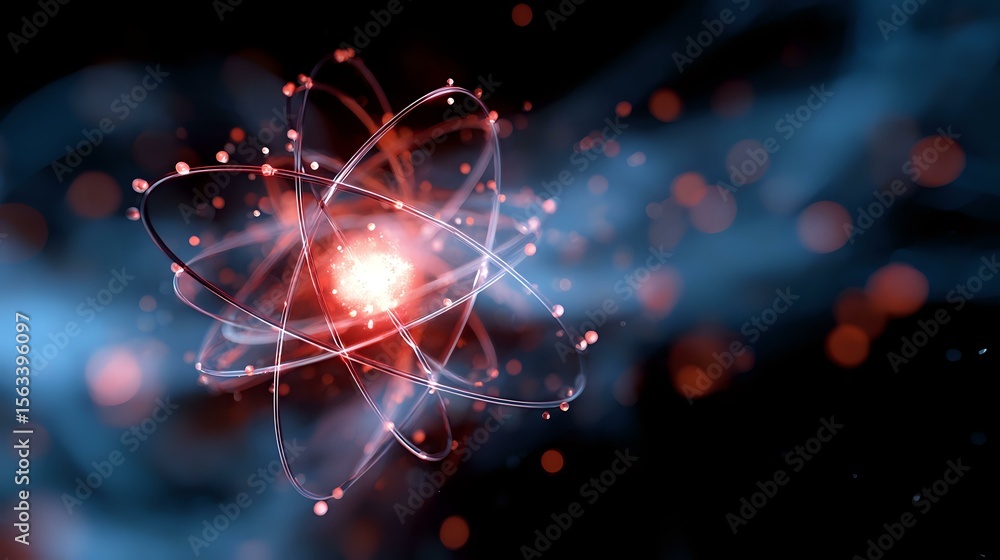 Poster glowing atomic structure with orbiting electrons in deep space, featuring bright red energy core and