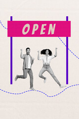 3d pop image vertical art collage of two happy business partners girl guy jump finish open project...