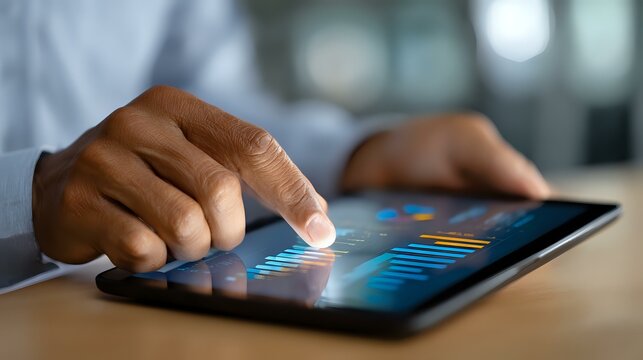 African American businessman analyzing financial data and market trends on digital tablet screen, close up view of hands touching interactive charts.