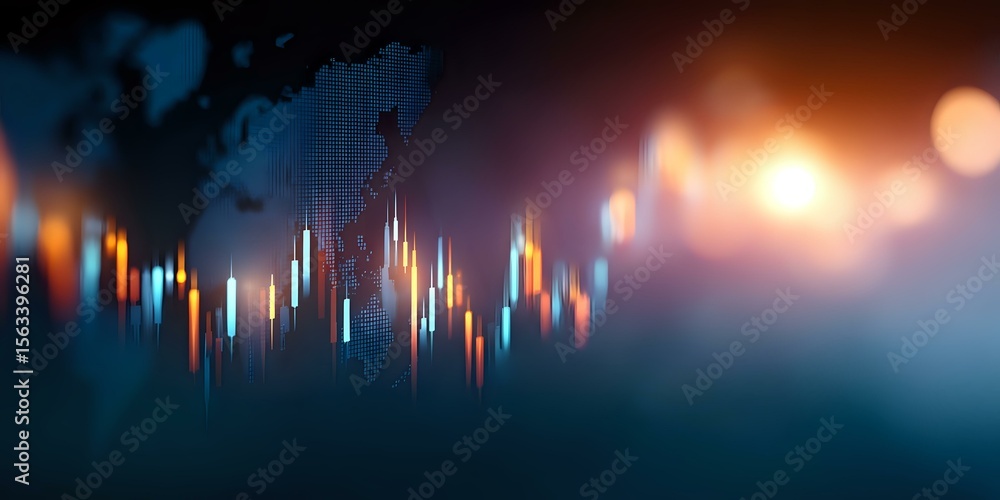 Poster financial market candlestick graph chart with glowing light effects and bokeh on dark blue backgroun