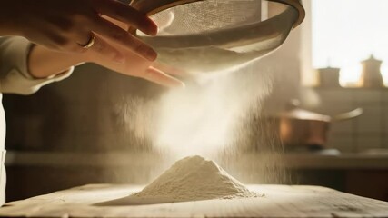 Sifting Flour with Sieve in Slow Motion for Baking Preparation