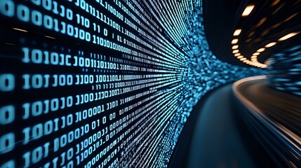 Digital binary code tunnel with glowing blue numbers and dark curved road leading into distance, representing technology and future transportation concept.