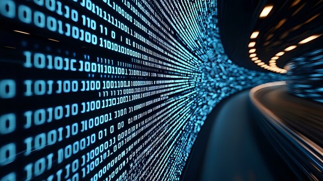 Digital binary code tunnel with glowing blue numbers and dark curved road leading into distance, representing technology and future transportation concept.