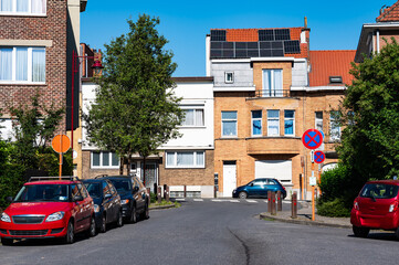 Residential area with houses and low rise apartment blocks in Berchem Sainte Agathe, Brussels Capital, Belgium