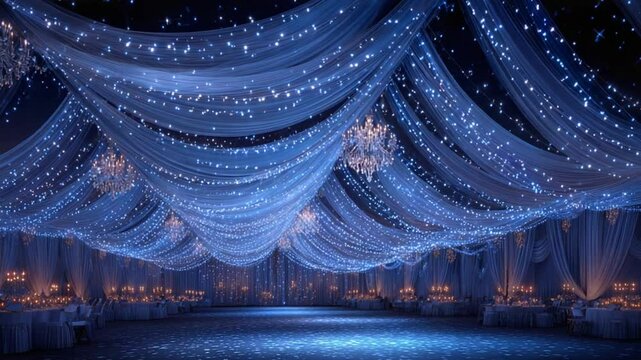 Elegant wedding hall decorated with fairy lights and white curtains event space