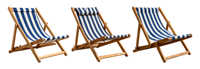 Collection of Wooden beach lounger featuring navy and white stripes, reclining against bright sunlight, positioned on clean white space