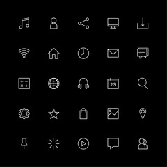 Digital Icon Collection: A set of elegant, minimalist digital icons on a stark black background, representing a range of digital activities, user interface elements, and common symbols.
