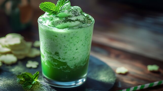 Delicious green St. Patricks Day smoothie topped with mint leaf and festive decorations
