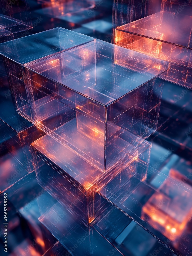 Poster glowing abstract cubes: a dynamic fusion of glass, light, and technology in a structured arrangement