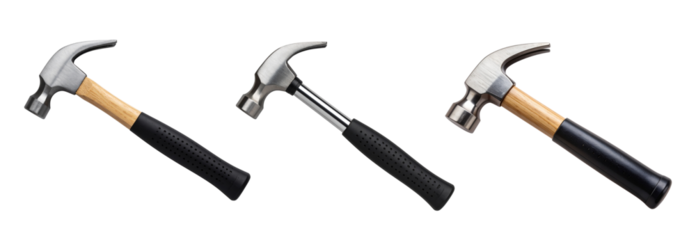 Collection of Studio shot of a claw hammer with wooden handle and black rubber grip, isolated on transparent background