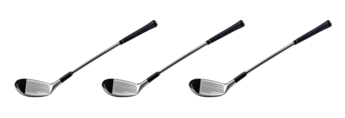 Collection of golf club iron with black grip lying isolated on transparent background, ideal for sport and leisure related designs