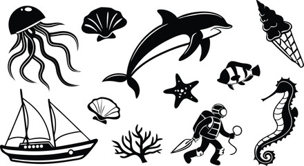 Obraz premium Coastal adventure graphic showcases a stylized sailboat, dolphin, and delightful sea elements with minimalist style.