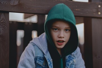 A hearing-impaired boy with a hearing aid enjoys fresh air outdoors. His genuine expressions...