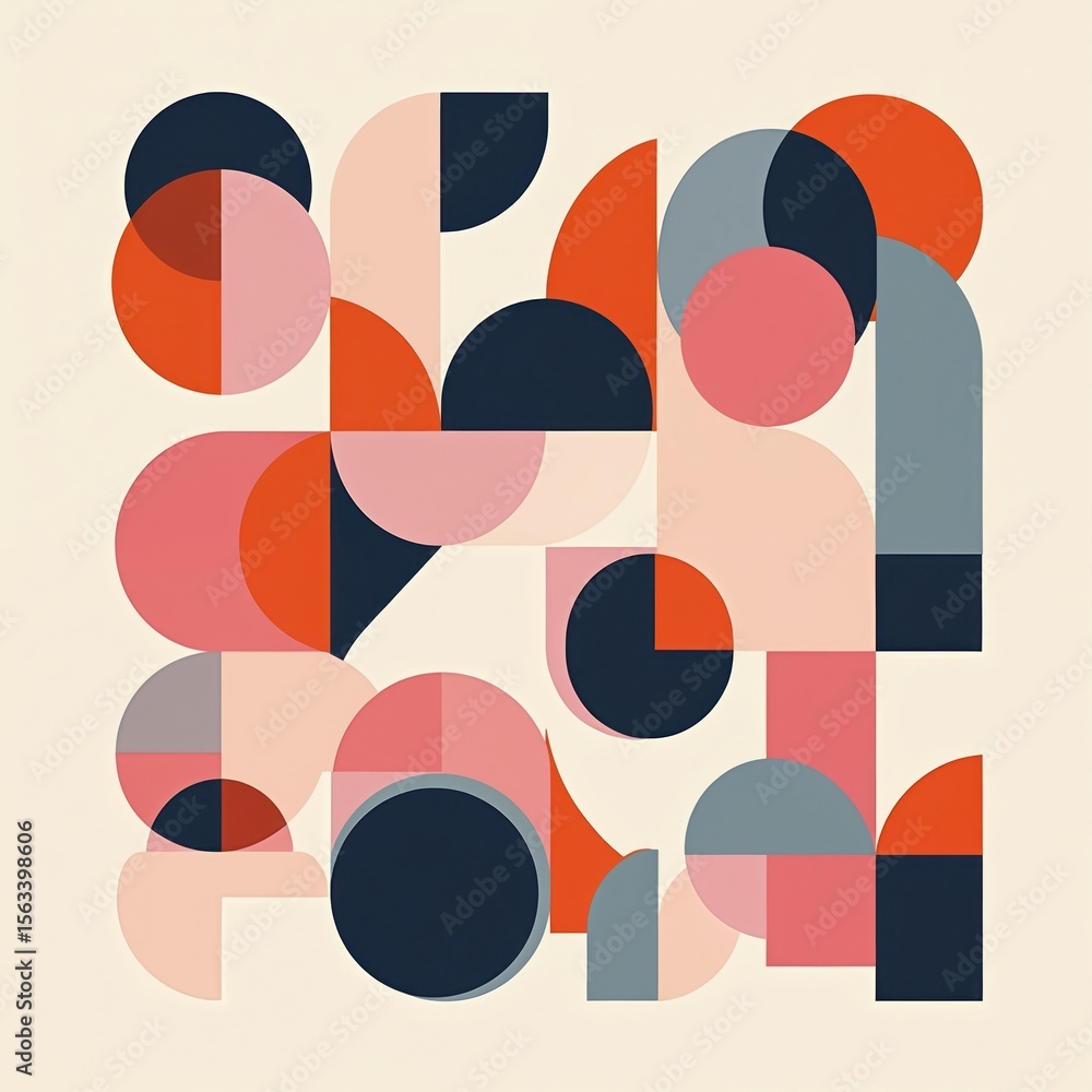 Poster Abstract geometric pattern with circles squares triangles. Modern colorful minimalist design. Vibrant shapes. Stylish contemporary artwork for graphic resource.