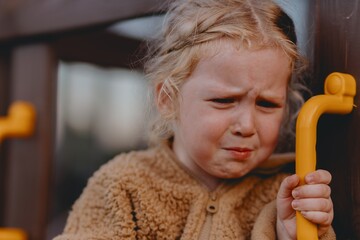 Beautiful and active 3-year-old girl plays on a neighborhood playground but becomes upset and starts crying. A raw, unaltered moment capturing real childhood emotions in a natural outdoor