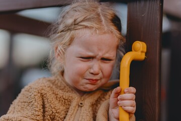Beautiful and active 3-year-old girl plays on a neighborhood playground but becomes upset and starts crying. A raw, unaltered moment capturing real childhood emotions in a natural outdoor
