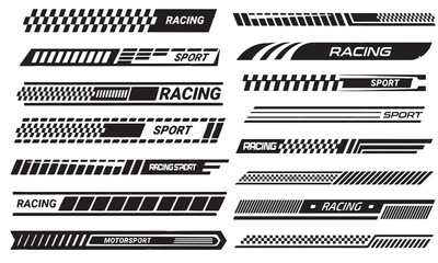 racing stripe vector set, race car vector, checkered flag designs, racing stripe speed, decal patterns, dynamic lines, competition, automotive graphics, black and white finish line motorsport. V5