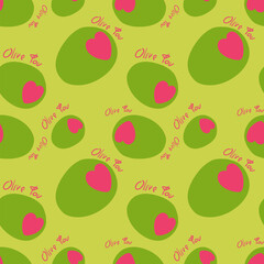 Olive you seamless pattern green pimento olives with pink heart love theme funny creative minimalist art background