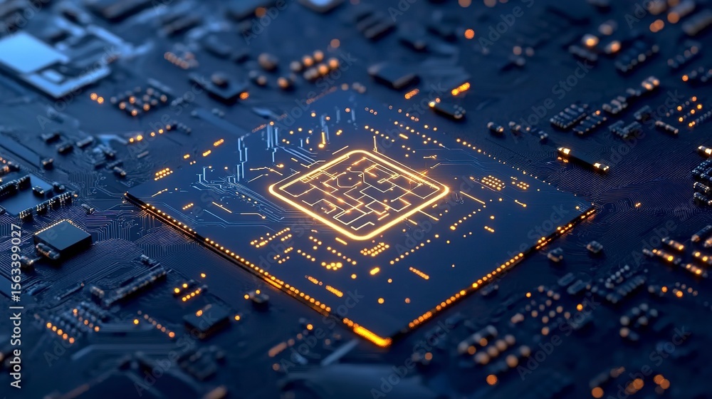 Poster glowing circuit board showcasing advanced artificial intelligence technology