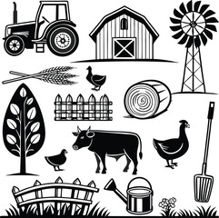 A charming farm life elements compilation showcases simple graphic shapes in a fun and engaging minimal style, perfect for various creative projects.
