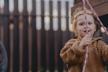 Beautiful 3-year-old girl playing on a neighborhood playground swinging, running on the grass, and enjoying fresh air. A joyful, natural moment full of real emotions and unaltered beauty
