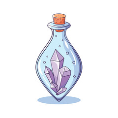 Mystical, magical, glass vial with crystals. Bottle with precious stones. Magical Halloween illustration
