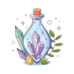 A jar with crystals inside. Magical, witch's potion. Magical ingredients for a Halloween potion