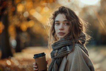 A beautiful girl with long hair walks in an autumn park with a cup of hot coffee