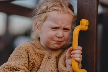Beautiful and active 3-year-old girl plays on a neighborhood playground but becomes upset and starts crying. A raw, unaltered moment capturing real childhood emotions in a natural outdoor