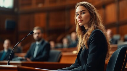 Woman lawyer argues a case confidently in a formal courtroom setting during a legal proceeding