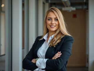 Smiling businesswoman in a black blazer with arms crossed.