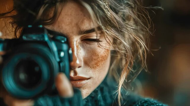 Artistic close-up of a woman with freckles intensely looking through her DSLR camera viewfinder