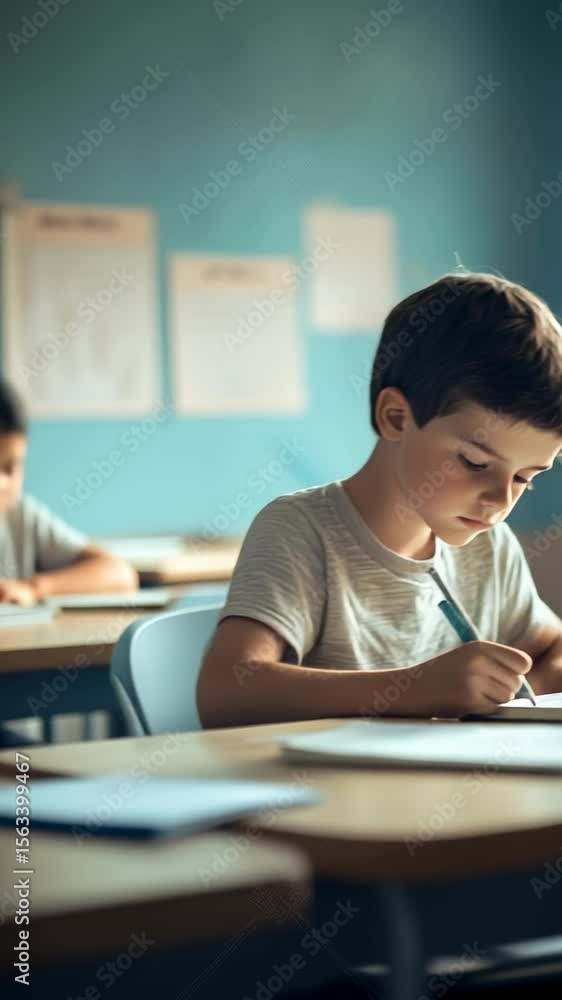 Poster elementary school student writing on notebook with pen sitting at desk in classroom, learning and st