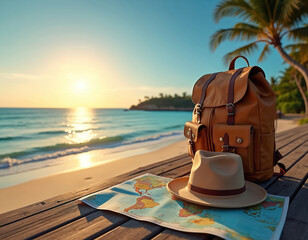 Backpack, hat rest wooden deck overlooking beach sunset. World map hints adventure, exploration. Tropical paradise vacation planning route. Summer holiday, journey, escape. Relax, sightseeing, ocean