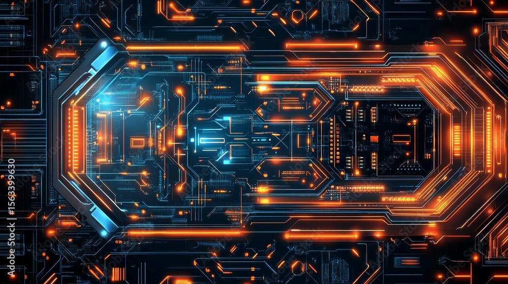 Poster futuristic electronic circuit board with glowing elements in a high-tech environment, vector art