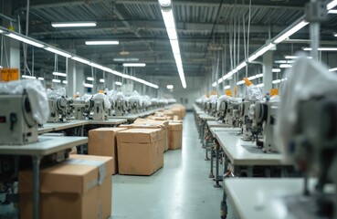 Naklejka premium Out of business garment factory production lines. Rows industrial sewing machines covered plastic. Cardboard boxes. Business bankruptcy, economic downturn, clothing manufacturing collapse. Empty