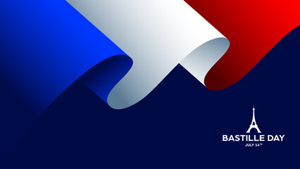 Bastille Day France Minimalist Backgound, banner with elegant french flag ribbon design and copy space