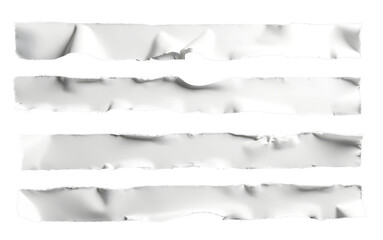 Set of four horizontal torn white paper strips with rough edges and subtle creases on a dark...