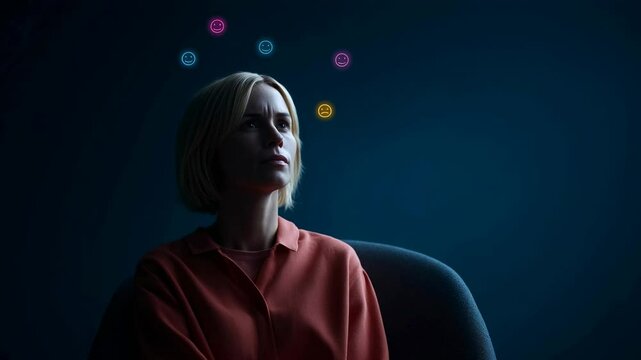 Mindfulness practice with a woman in contemplation, exploring inner thoughts and emotions. Colored icons representing emotions hover above her head, capturing her reflective moment.