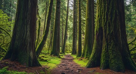 Obraz premium Magical Forest Path Through Towering Trees Covered in Moss, Tranquil Walkway Among Ancient Trees in a Lush Green Forest